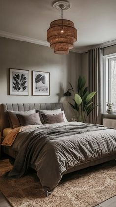 a bedroom with a large bed and two pictures on the wall above it that have plants in them