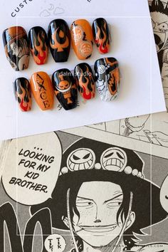 Luffy From One Piece, Ace Nails One Piece, Ace One Piece Nails, Anime Inspired Nail Art, Easy Anime Nails