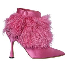 For Sale on 1stDibs - Shocking pink boots in satin and feathers Pink Evening Ankle Boots, Pink Ankle Boots For Evening, Feather Shoes, Shocking Pink, Pink Boots, Shoes Pink, Pink Eyes, Bride Shoes, Knee High Leather Boots