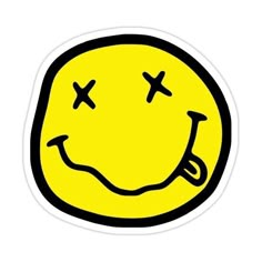 a yellow smiley face sticker with black lines on the bottom and one eye closed