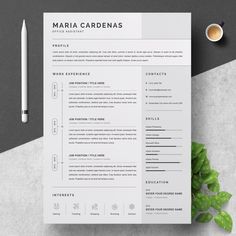 a clean and modern resume template on top of a desk with a cup of coffee