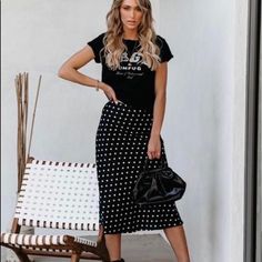 Women’s Skirt Brand New With Tags Size Large. This Is A Satin Midi Polka Dot Skirt Bought From Vici. This Is 100% Polyester Polka Dot Satin Skirt Outfit, Casual Black Maxi Skirt For Work, Polka Skirt Outfit, Summer Casual Midi Pencil Skirt, Casual Summer Midi Pencil Skirt, Casual Midi Pencil Skirt For Summer, Casual Midi Skirt For Night Out, Casual Midi Length Skirt For Night Out, Casual Lined Midi Pencil Skirt