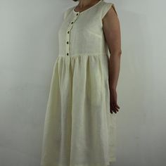 "Spring dress. Write the selected color in the message Handmade milky white color linen dress cap sleeves, 2 pockets , perfect for casual wear and suitable for any occasion in any season Details: - 100% natural linen produced in Europe ; - medium weight (180 gram per square meter); - color: milky white, could be any from our colors catalo (color samples at the photo); Made to order, approximately a few days, If you have any questions please message me and I will be glad to answer. Size guide : S Linen Casual Dress, Linen Summer Dress, Linen Summer, Summer Linen Dresses, Sleeveless Dresses, Dress Linen, Linen Casual, Cap Dress, Milky White