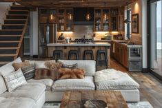 a living room filled with furniture next to a kitchen