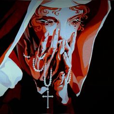 a painting of a woman covering her face with hands and holding a rosary in front of her face