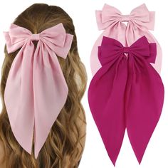 PRICES MAY VARY. High Quality Fabric: Made of satin material and metal clamps. Silky and soft touch. 2 colors available, including light pink and hot pink. Lovely design can make you more eye-catching, elegant and charming. Big Size: 7.7(Length) x 15.7(Height) inches big hair bows. Perfect for decorating all kinds of hair types, short hair, long hair, thin hair, thick hair, straight hair, fine hair, curly hair, wavy hair, ponytail or half-up hairstyle. These hairclips are so adorable and they st Wavy Hair Ponytail, Thick Hair Straight, Curly Hair Wavy, Ribbon Barrettes, Pink Hair Accessories, Big Hair Bows, Pink Hair Bows, Hair Ribbons, Hair Ribbon