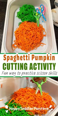 this is an image of spaghetti pumpkin cutting activity for toddlers to play in with