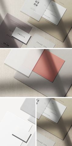 three different images of white and pink paper