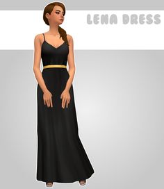 a woman in a long black dress standing next to a white background with the words lena dress on it