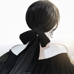 the back of a woman's head with long black hair and large earrings on her neck