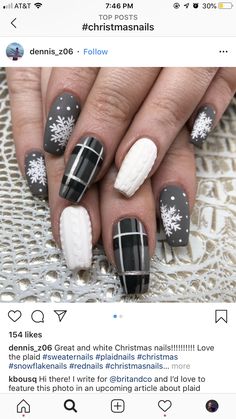 Grey Sweater Nails Designs, Christmas Nails Flannel, Winter Nail Designs Black, Short Coffin Shape Nails Winter, Plaid Christmas Nail Designs, Grey Winter Nails Acrylic, Plaid And Sweater Nails, Gray Sweater Nails, Christmas Plaid Nails Design