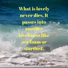 an ocean wave with the words, what is lovely never dies it passes into another loveless like sea foam or stardust