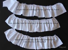 three white ruffled garters are shown with the words, single line obstructing stitches gather by hand