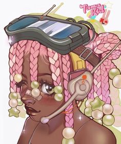 an illustration of a woman with pink braids and a suitcase on top of her head