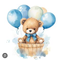 a brown teddy bear sitting on top of a basket filled with blue and white balloons