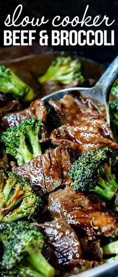 beef and broccoli is being cooked in a skillet with a serving spoon