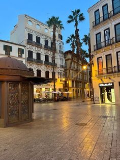 an empty square with palm trees and buildings in the background at dusk, on a city street