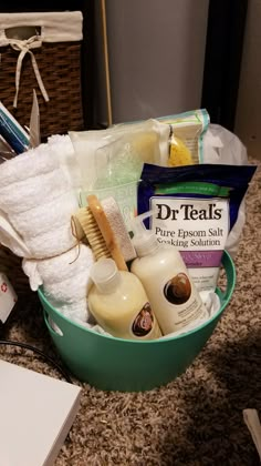 a green bowl filled with personal care items