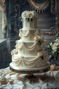 a three tiered wedding cake with white flowers on the top and sides, sitting on a table