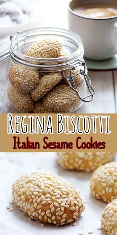 italian sesame cookies in a glass jar and on a white table with a cup of coffee