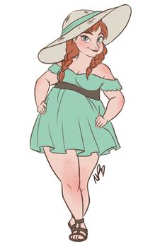 a drawing of a woman in a green dress and hat with her hands on her hips