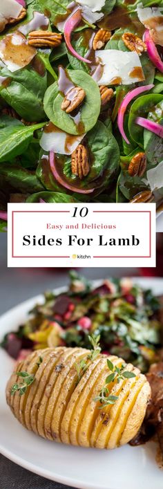 salads for lamb with greens and pecans on the side in white plated dishes