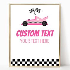 a pink car with checkered flag on it and the words custom text is displayed