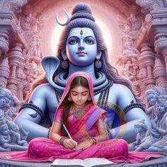 a painting of a woman sitting in front of an open book with the image of hindu god on it