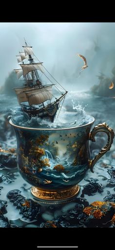 a tea cup with a sailing ship in the middle of it and birds flying around