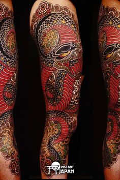 the arm and leg is covered in intricate tattoo designs, like this dragon on top of an