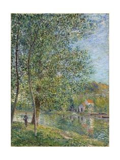 a painting of trees and water in front of a house with two people standing on the shore