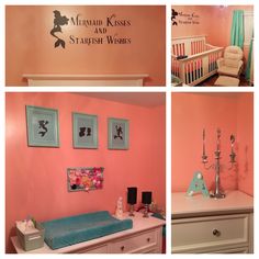 four pictures of baby's room with pink walls