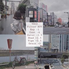 there is a collage of photos with buildings in the background and a woman standing next to her bike