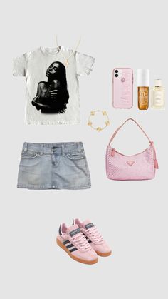 the contents of a woman's outfit including shoes, t - shirt and handbag