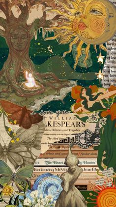 an altered collage of images and words with trees, flowers, stars, and other things