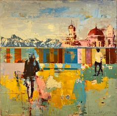 an abstract painting of two people walking in front of a building with mountains in the background