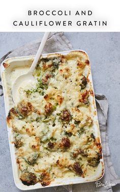 broccoli and cauliflower gratin in a white casserole dish