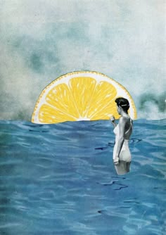 a woman standing in the water with an orange slice above her head, looking at it