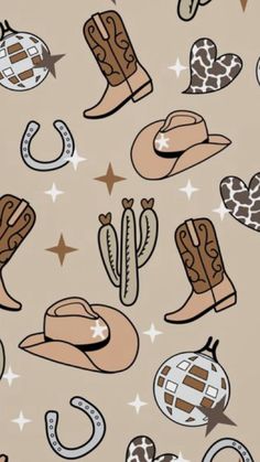 a pattern with cowboy hats, boots and stars on the background is shown in beige