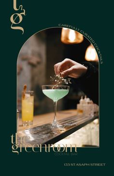 the green room cocktail bar is featured in this ad for its new restaurant, which has been