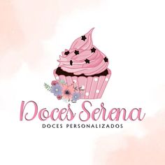 a cupcake with pink frosting and stars on it's top is the logo for doces serra