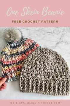 two crocheted hats with text overlay that says, one slein beanie free crochet pattern