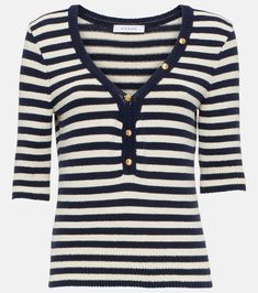 Striped cotton-blend jersey top in blue - Frame | Mytheresa Classic Elastane Tops For Spring, Classic Tops For Spring, Classic Fitted Cotton Knit Top, Striped Cotton Crew Neck Knit Top, Striped Cotton Knit Top With Crew Neck, White Cotton V-neck Knit Top, Classic Knit Tops For Spring, Fine Knit Striped Tops For Spring, Fitted Fine Knit Viscose Top