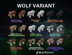 an image of different types of wolfs in minecraft with the names and colors