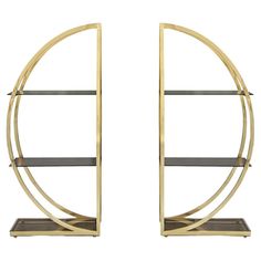 a pair of gold metal and glass bookshelves with shelves in the shape of circles