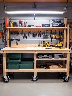 a workbench with tools on it in a garage