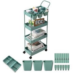 a set of four shelves with plastic bins on each shelf and several other items