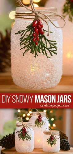 mason jars are decorated with pine cones and red berries for the holiday season, so easy to make