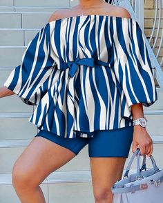 Trendy Handbag, Style Bleu, Printing Design, Women Outfit, Shorts Casual, Off Shoulder Tops