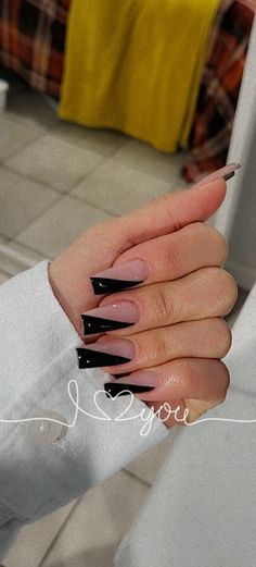 Nails, slanted French, half tip, black nail tip. Black Side French Nails, Corner French Tip Nails, Half French Nail Design, Different Type Of French Tip Nails, Slant French Tip Nails, Split Color French Tip Nails, Half Black Half White French Tip Nails, Half Nail French Tip, Split Nail Designs